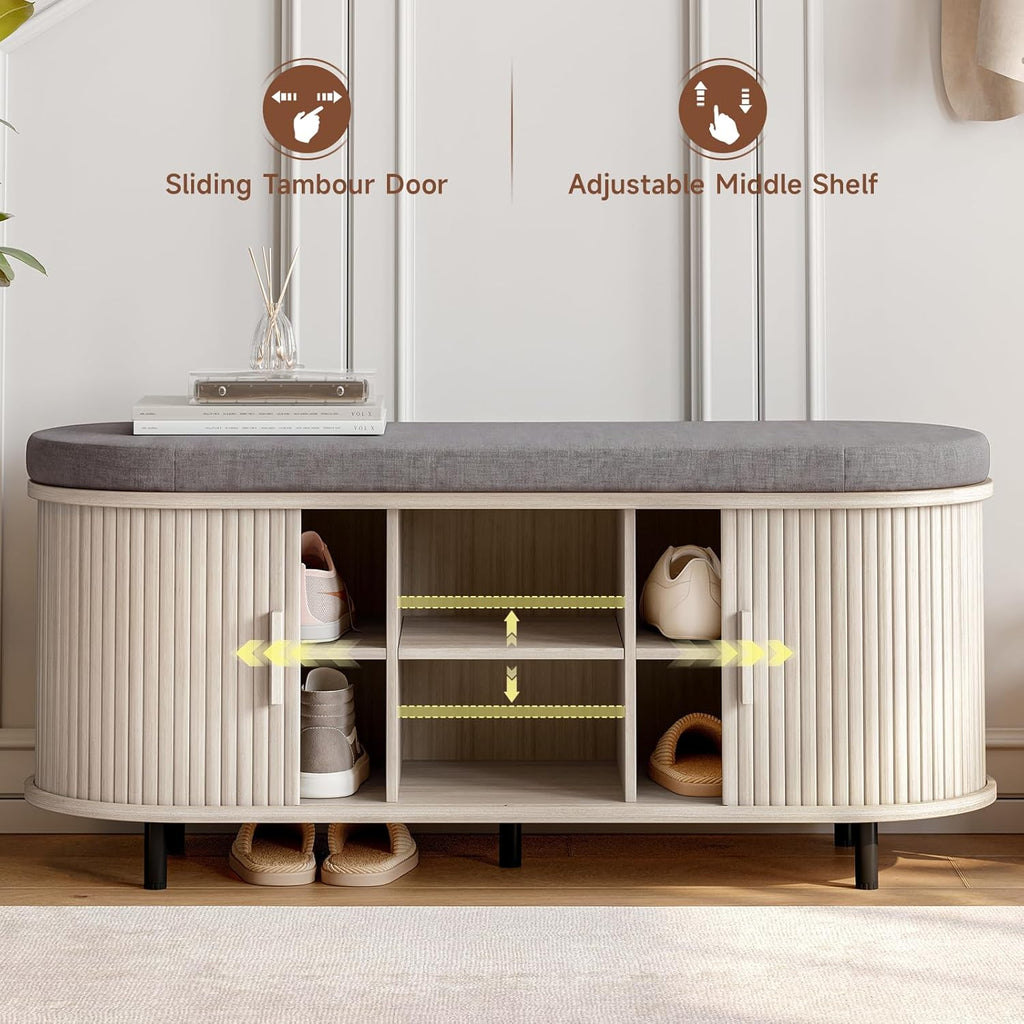 43-Inch Shoe Storage Bench with Cushion and Sliding Door