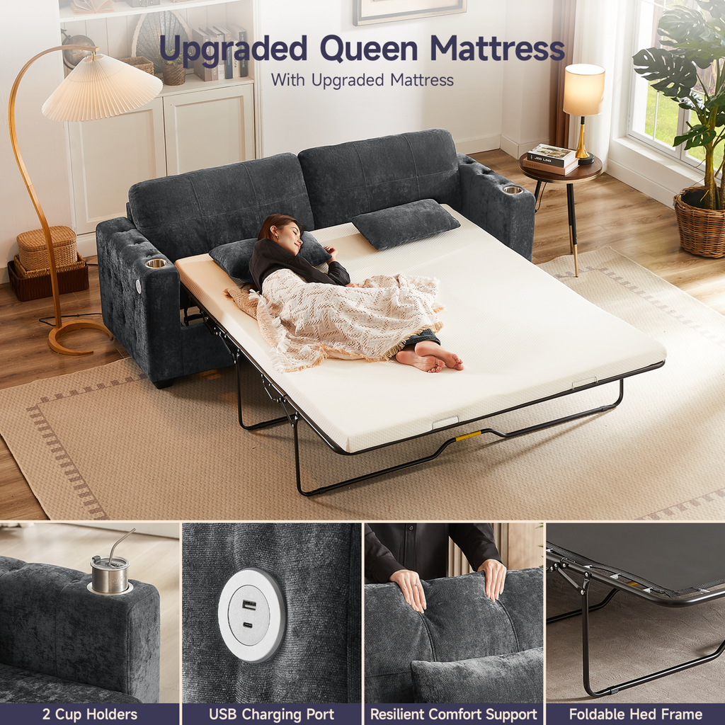 83-Inch Queen Pull-Out Sofa Bed with Memory Foam Mattress