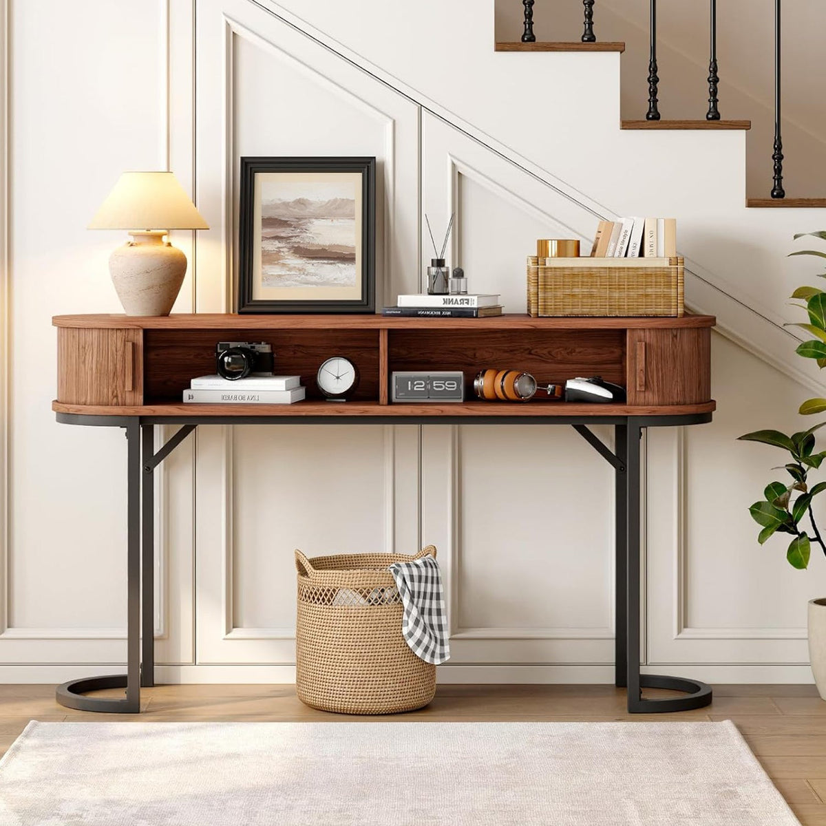 55-Inch Fluted Console Table with Sliding Tambour Doors