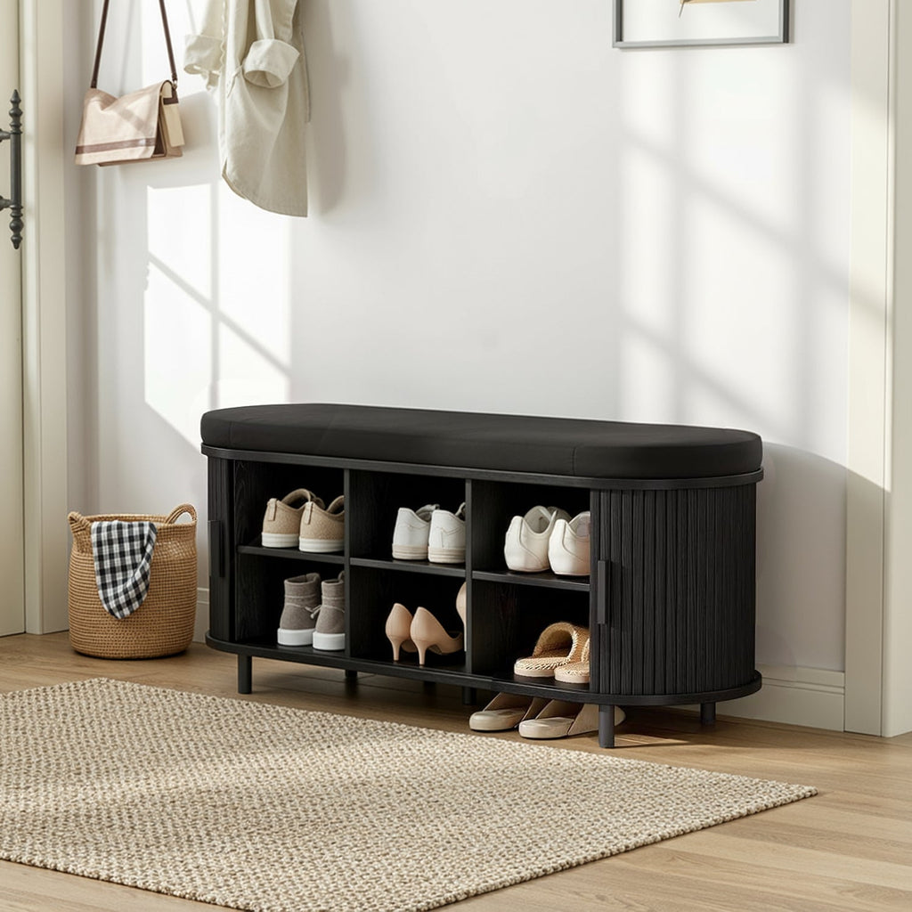 43-Inch Shoe Storage Bench with Cushion and Sliding Door