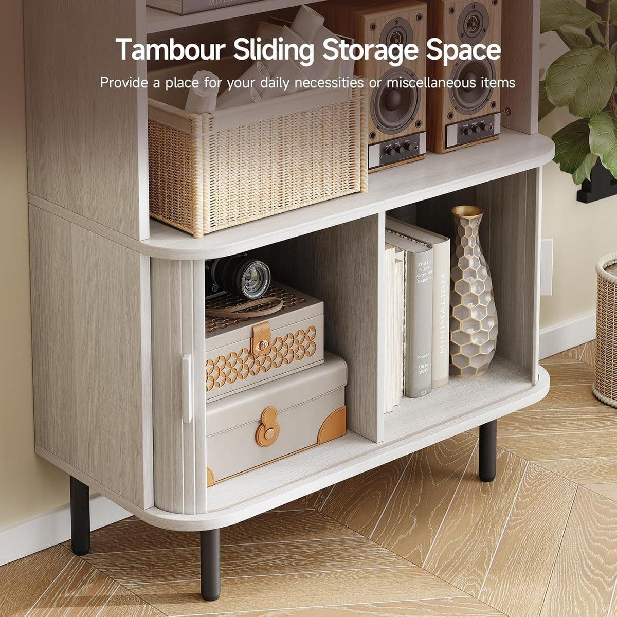 71 Inch 4-Tier Tall Bookcase with Sliding Door Cabinet