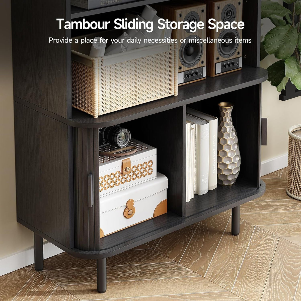 71 Inch 4-Tier Tall Bookcase with Sliding Door Cabinet