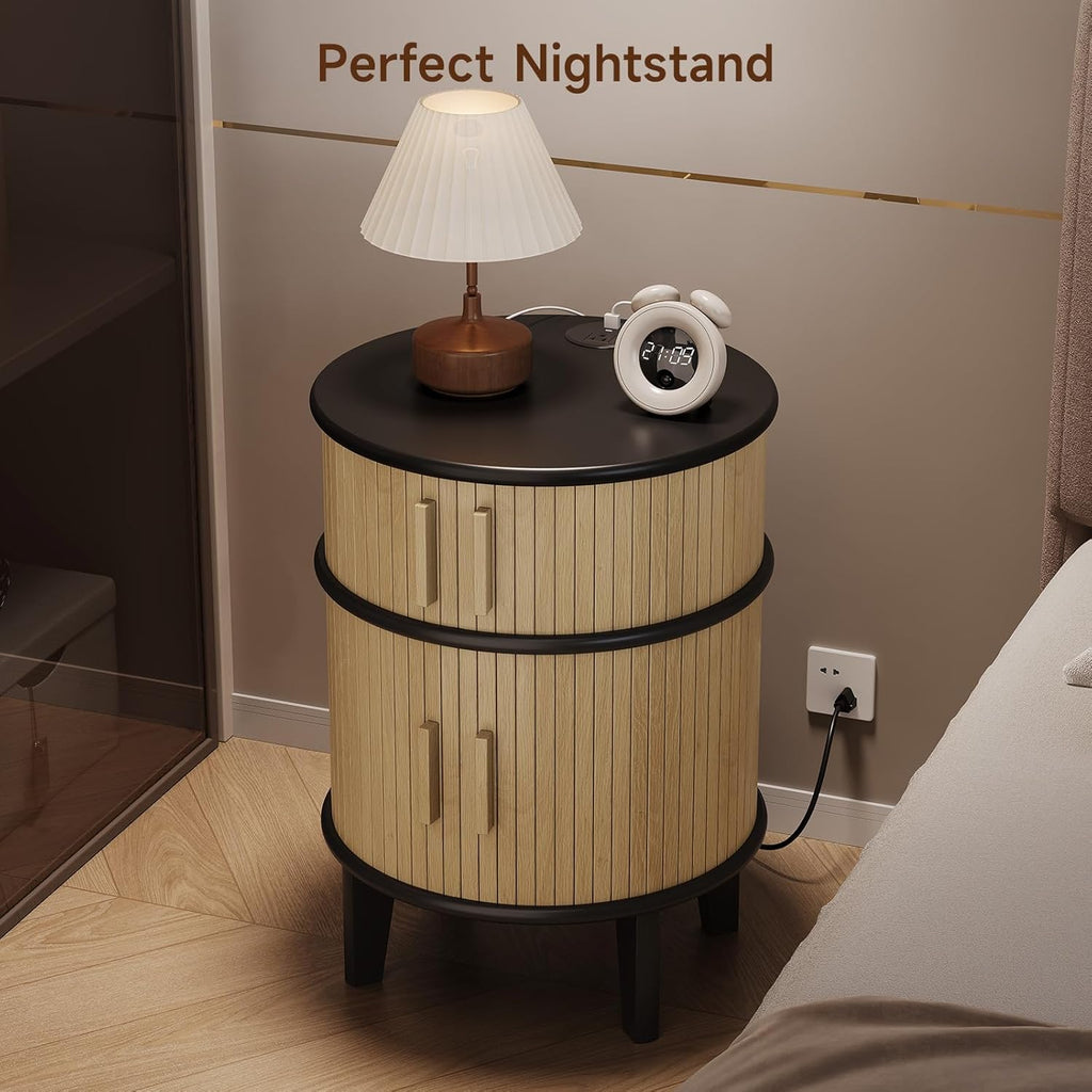 Round End Table Nightstand with Charging Station