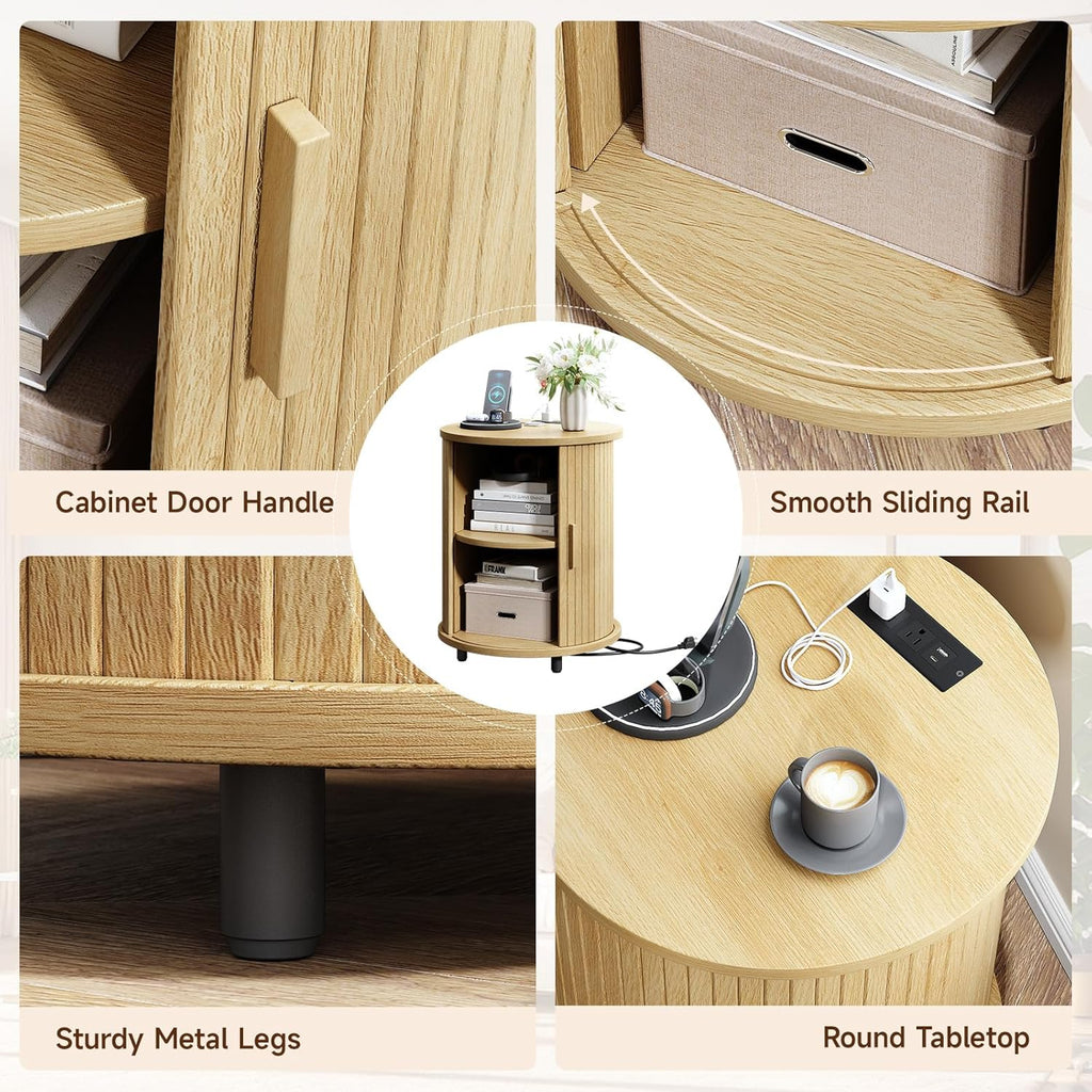 Round Nightstand Side Table with Sliding Tambour Door