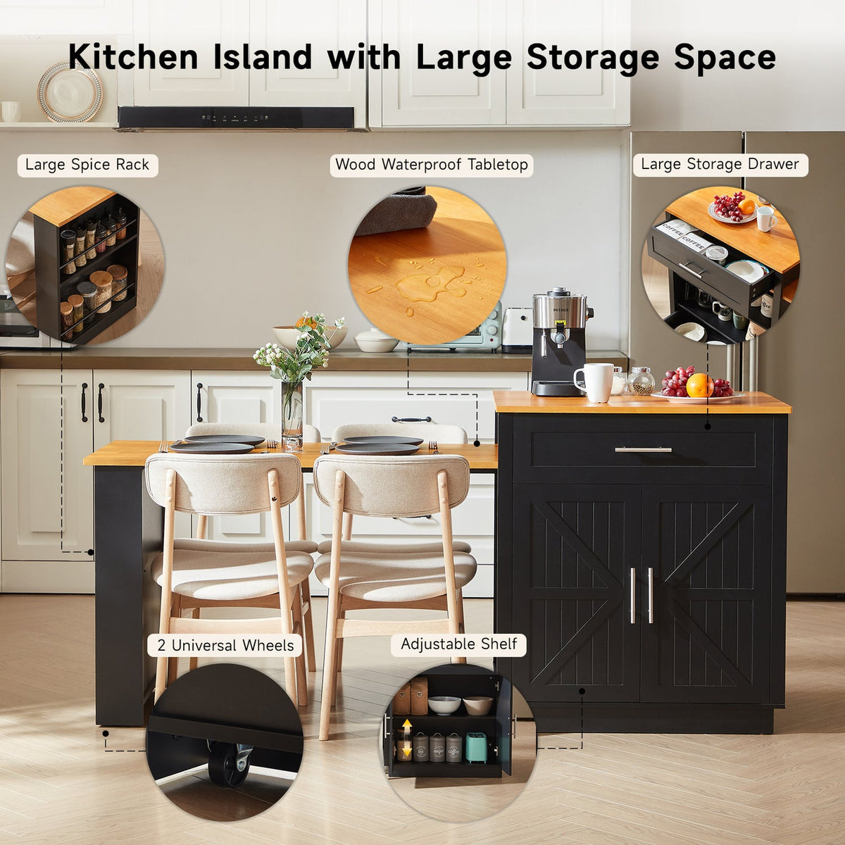 Kitchen Island with Extendable Table and Power Outlet