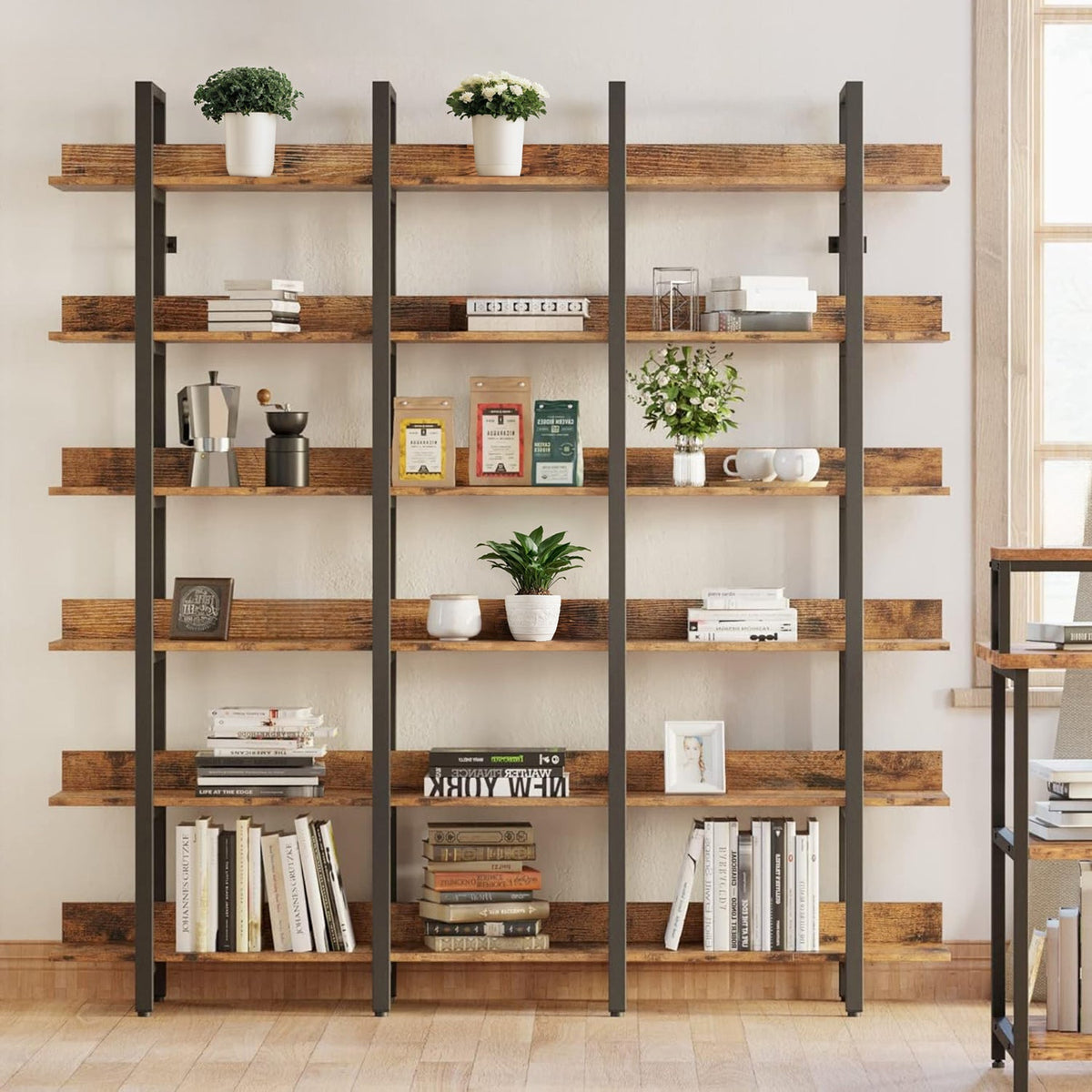 Triple Wide 6-Tier Open Bookshelf with Back Fence
