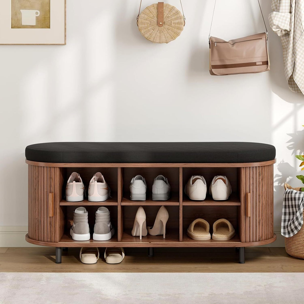 43-Inch Shoe Storage Bench with Cushion and Sliding Door