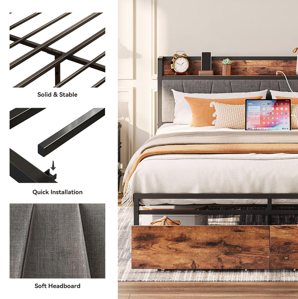 Platform Bed with Storage Headboard and Charging Station