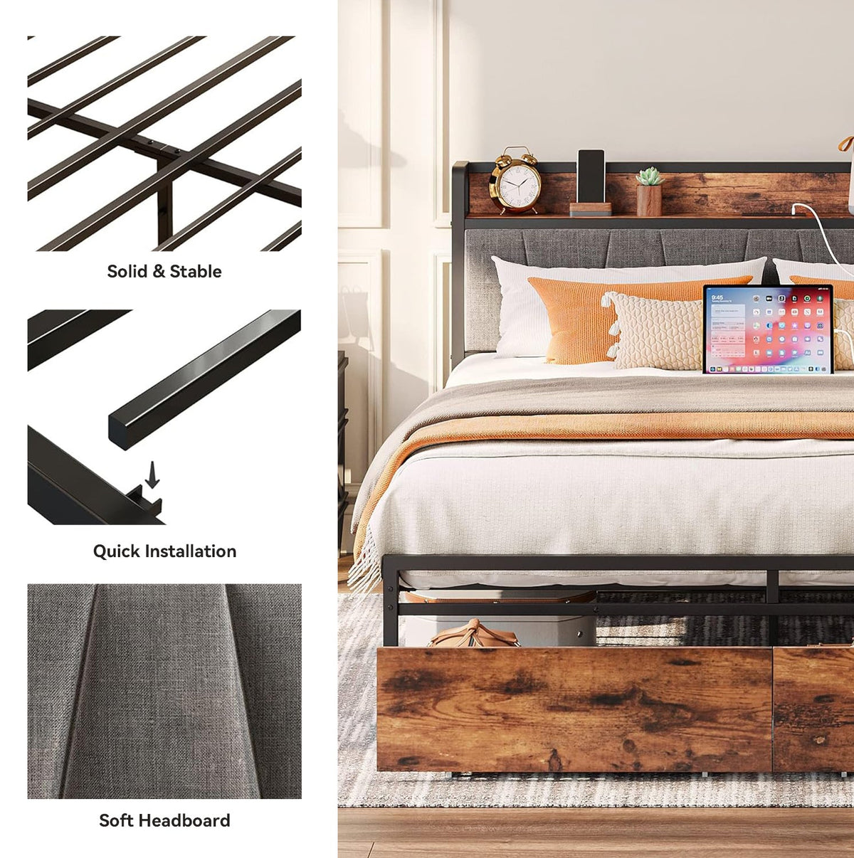 Platform Bed with Storage Headboard and Charging Station