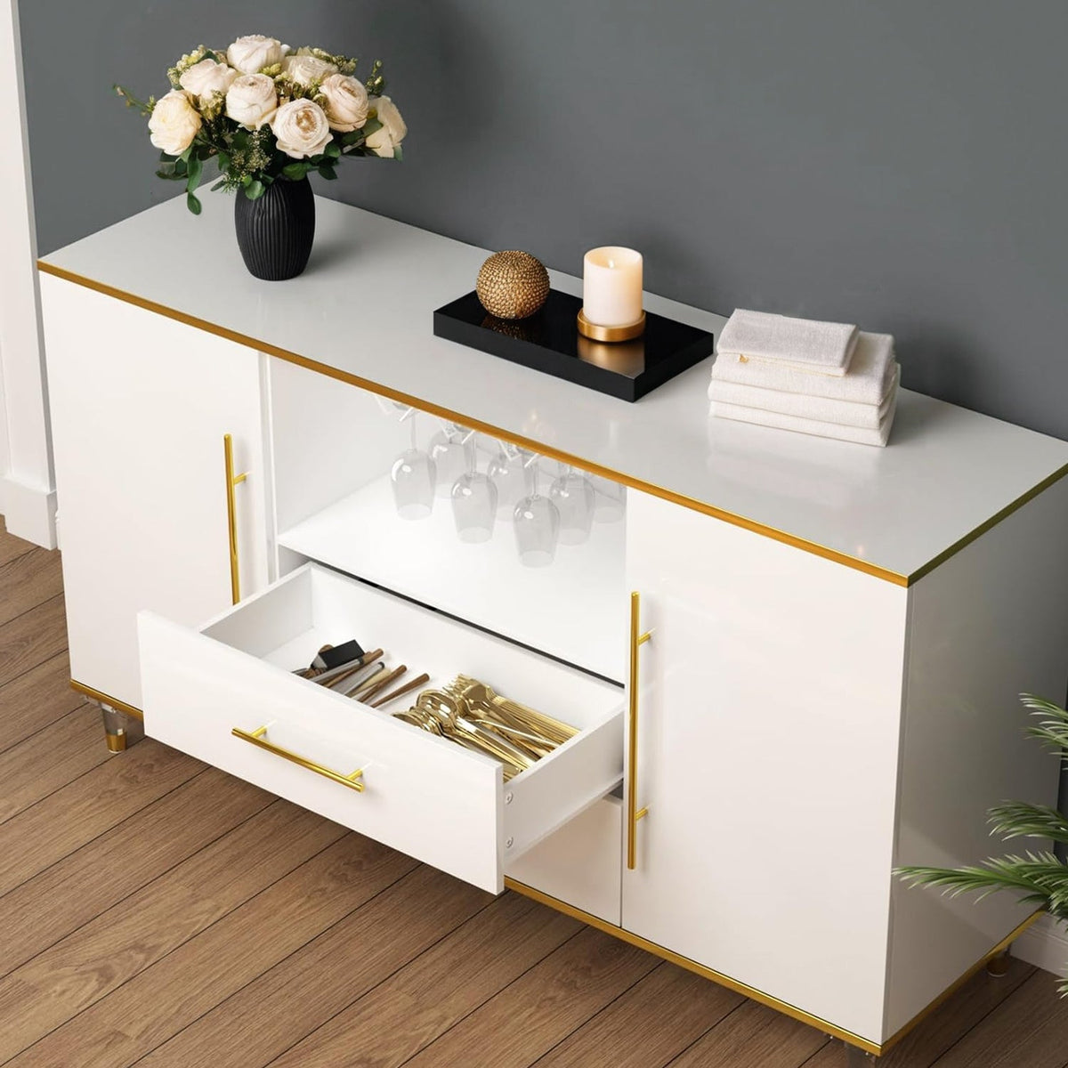 High Gloss Kitchen Buffet Cabinet with Wine Glass Holder