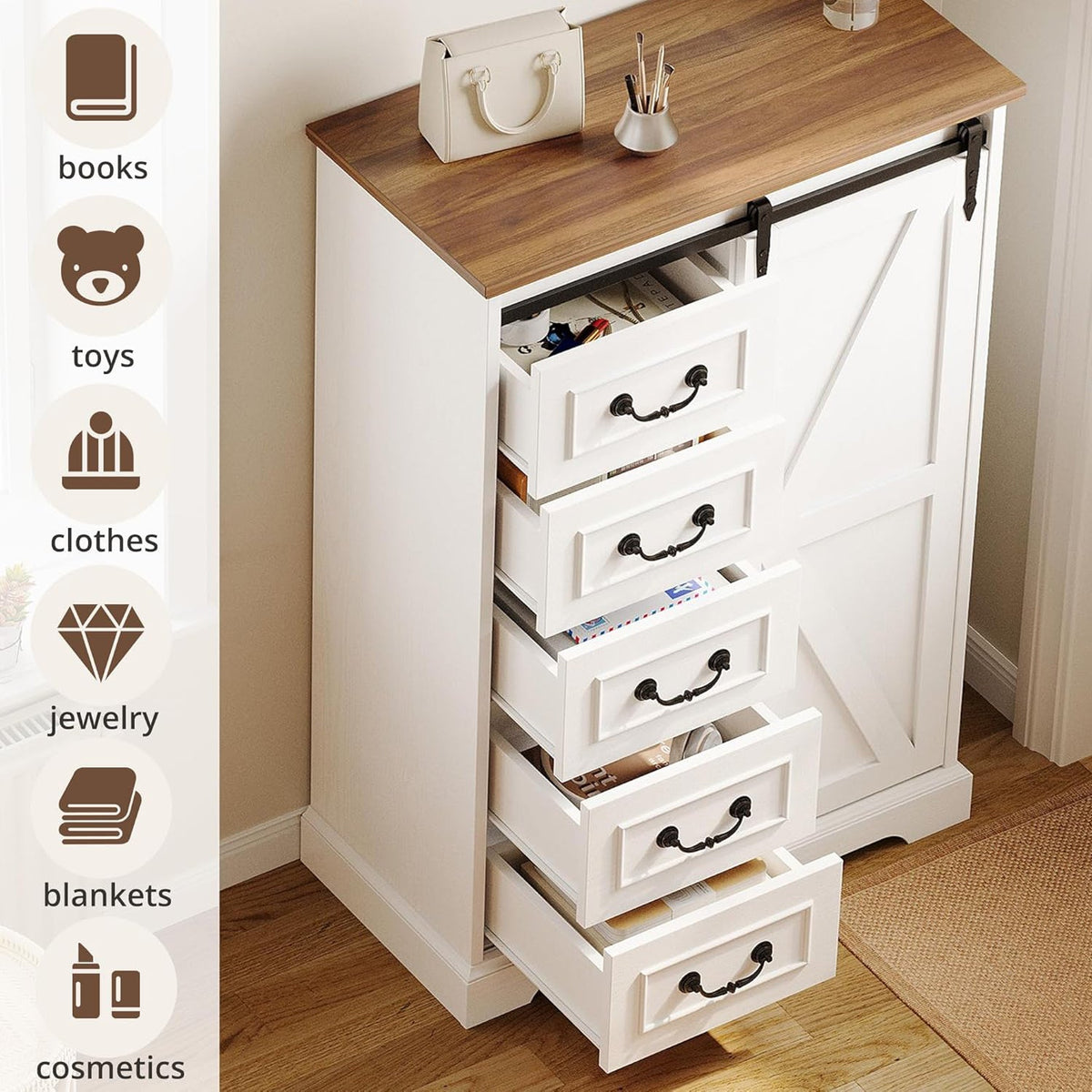 48 Inch 5 Drawer Dresser with Sliding Barn Doors