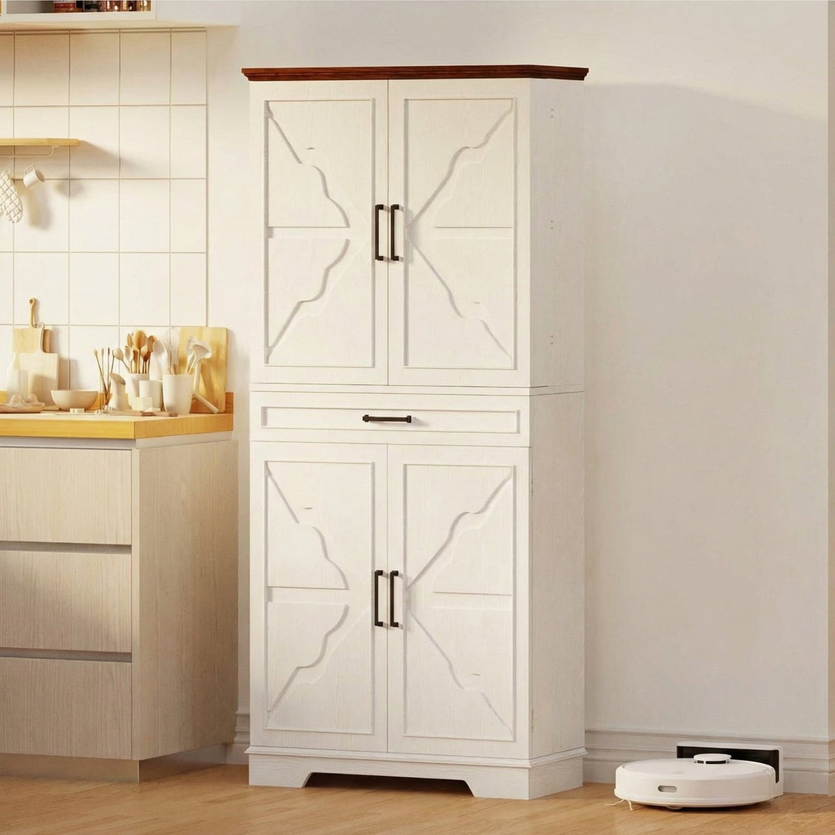72 Inch Farmhouse Kitchen Pantry with 6 Hanging Shelves