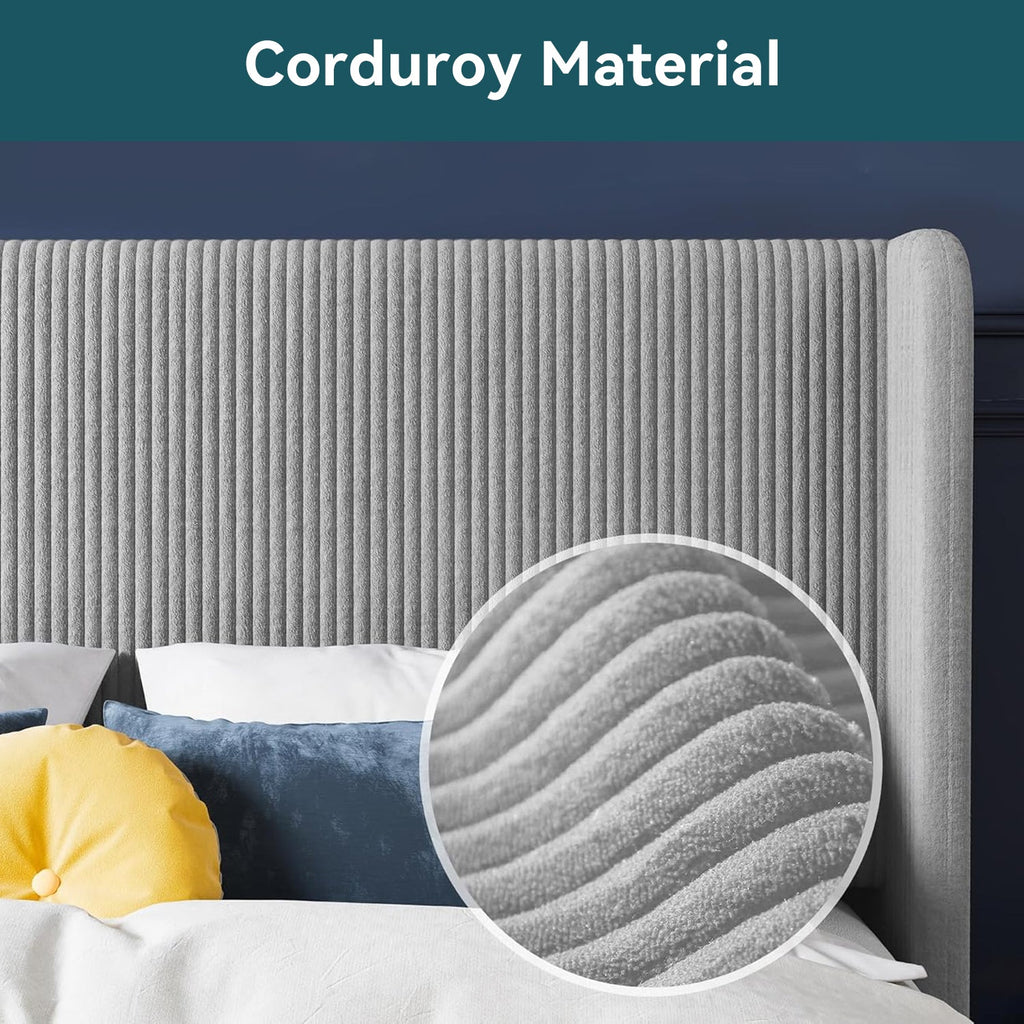 Corduroy Velvet Upholstered Bed with Wingback Headboard