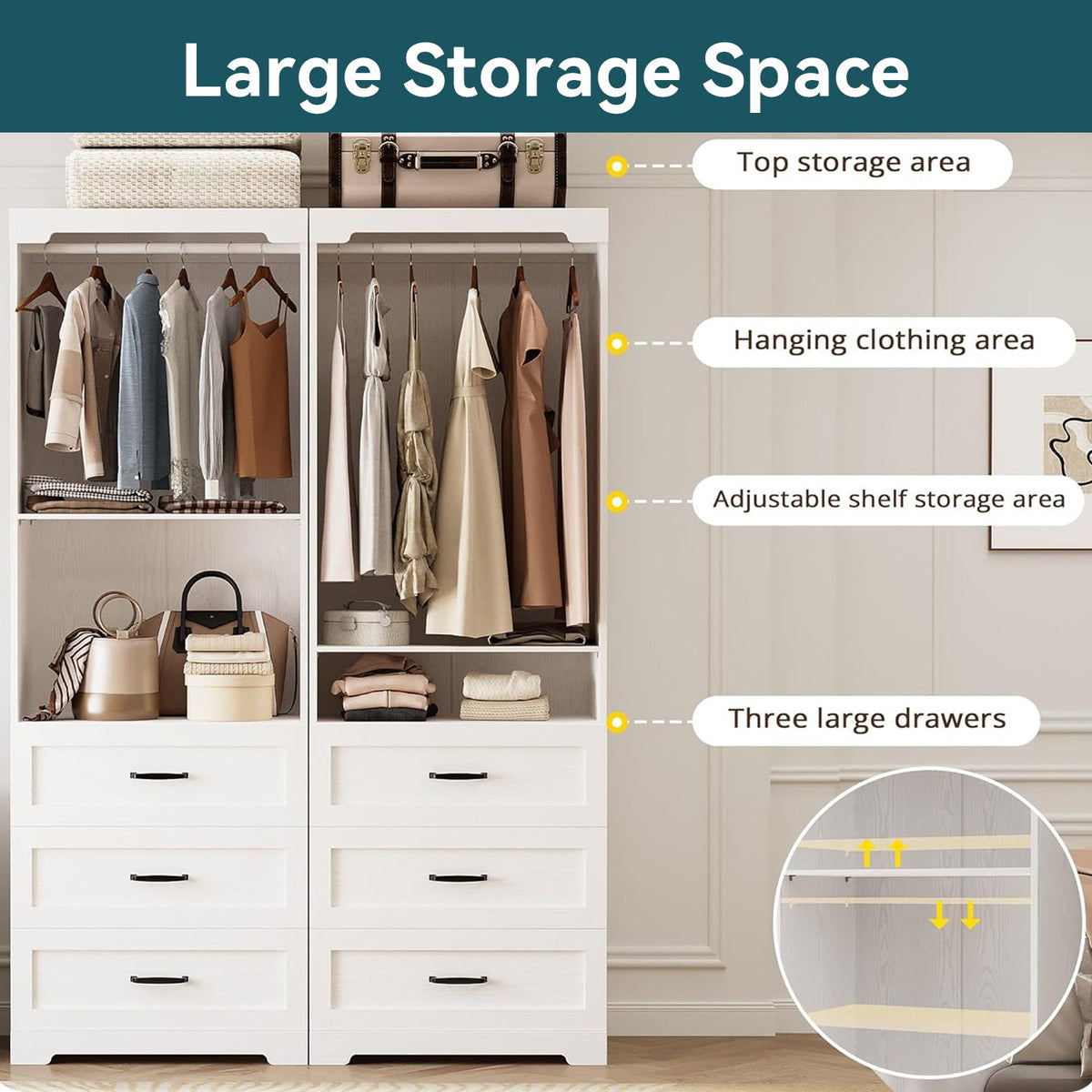Freestanding Closet System with 3 Drawers and Rod