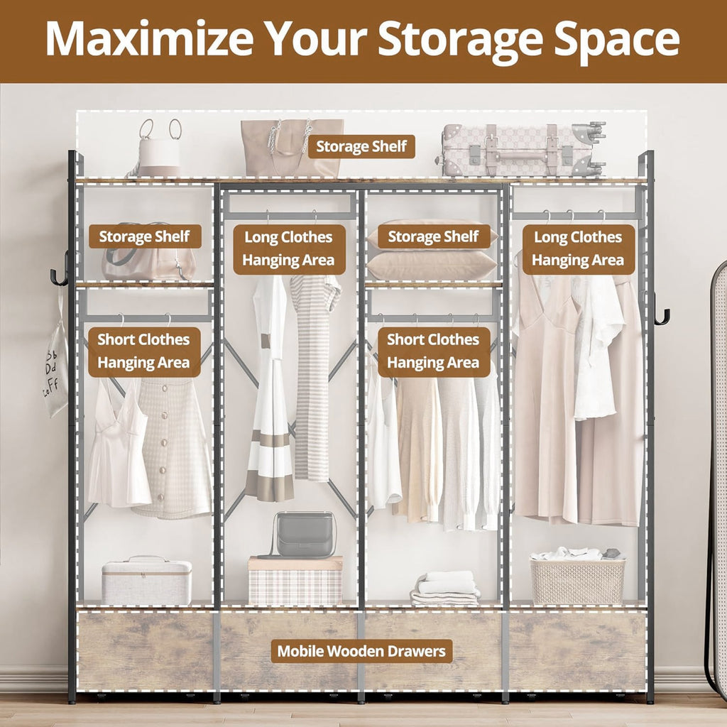 Industrial Garment Rack with 4 Wooden Drawers