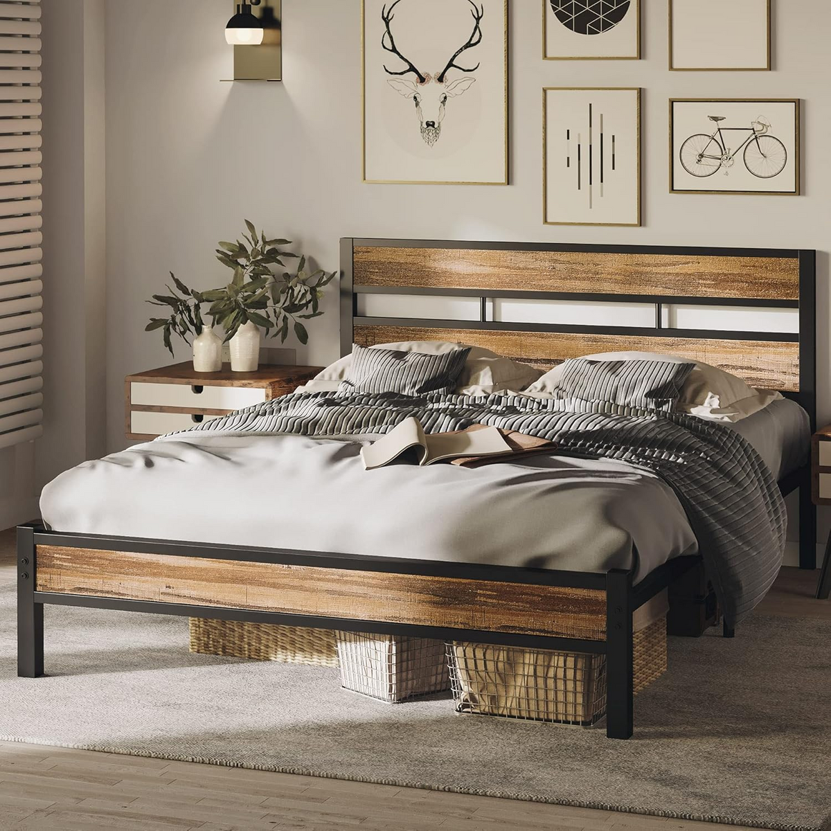 King Platform Bed Frame with Headboard, Dark Brown