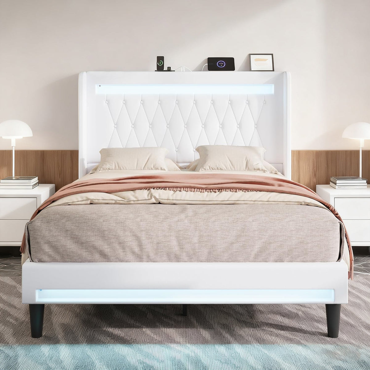 LED Velvet Platform Bed with Charging Station