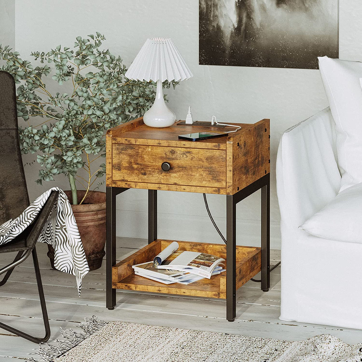 Nightstand with Charging Station and Storage Drawer