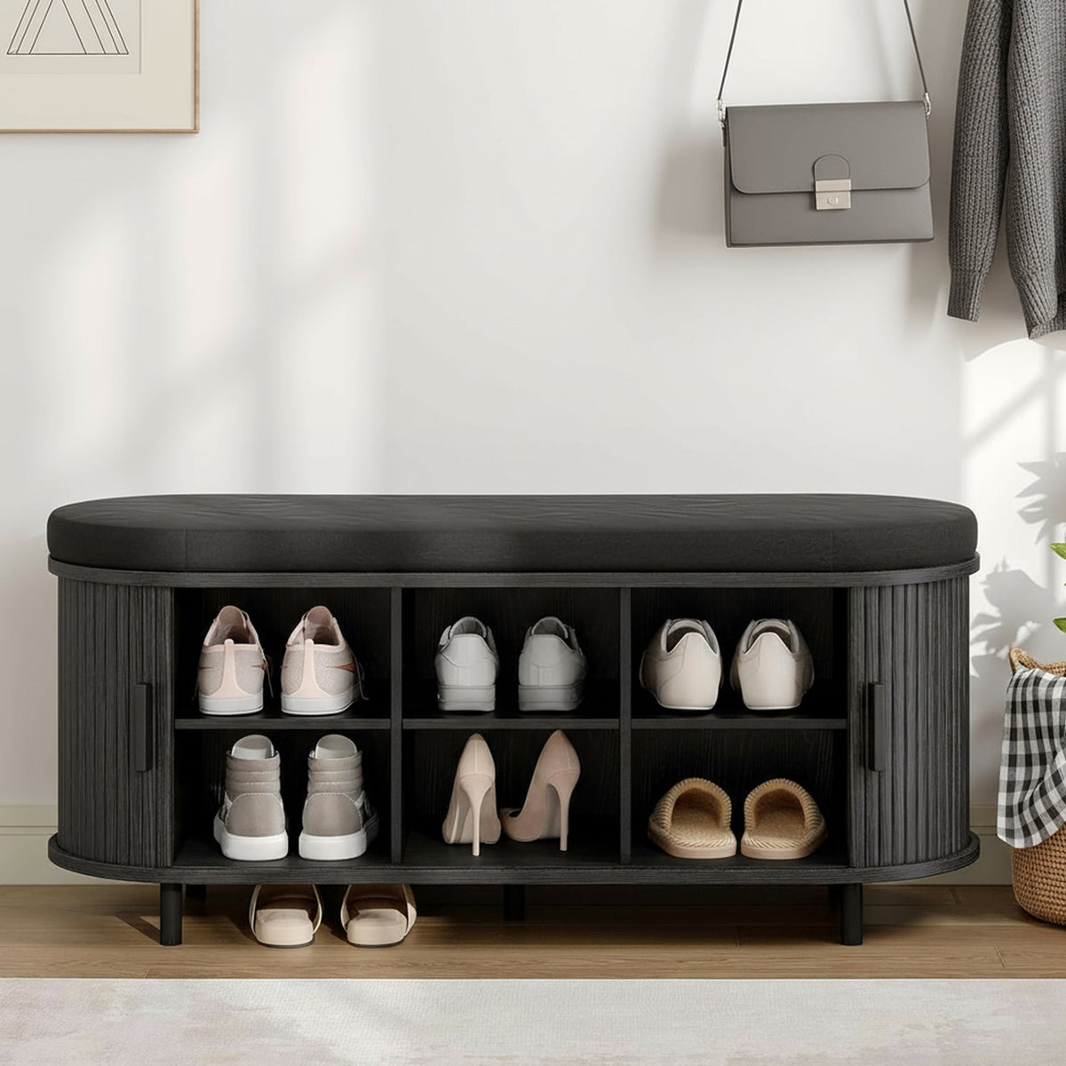 43-Inch Shoe Storage Bench with Cushion and Sliding Door