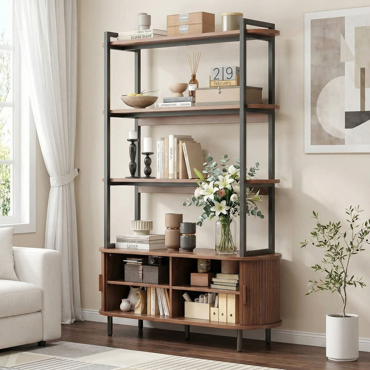 47 Inch Bookshelf with Sliding Doors and Metal Frame
