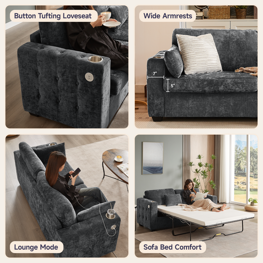 83-Inch Queen Pull-Out Sofa Bed with Memory Foam Mattress