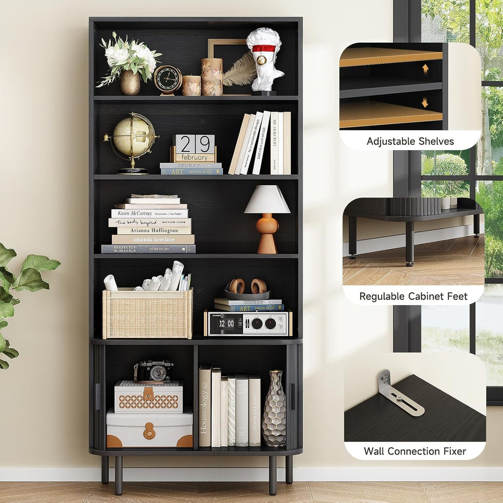 71 Inch 4-Tier Tall Bookcase with Sliding Door Cabinet