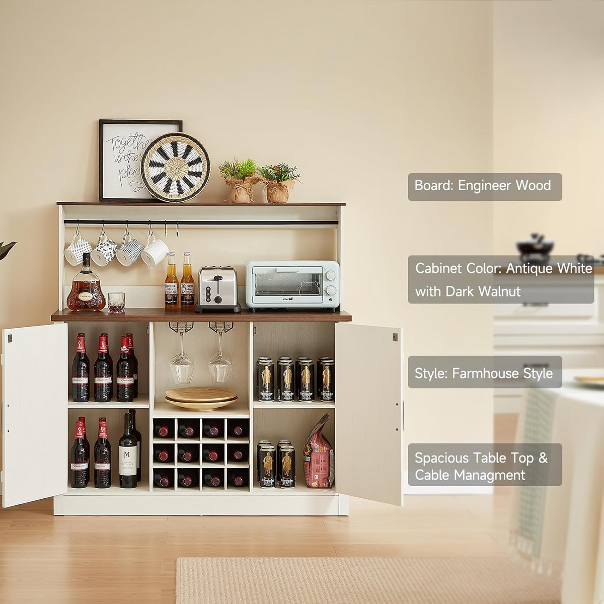 58" Bar Cabinet with 12 Wine Racks and Adjustable Shelves