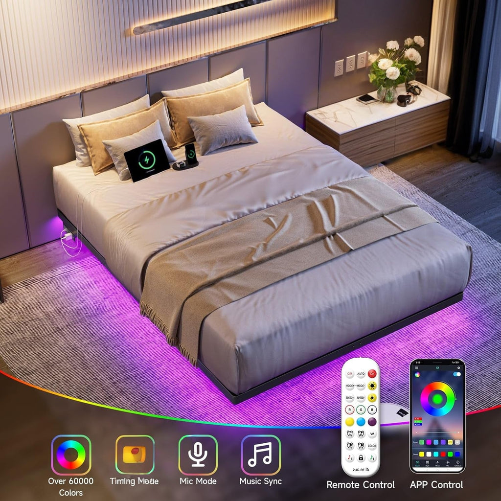 Floating Metal Platform Bed Frame with LED Lights
