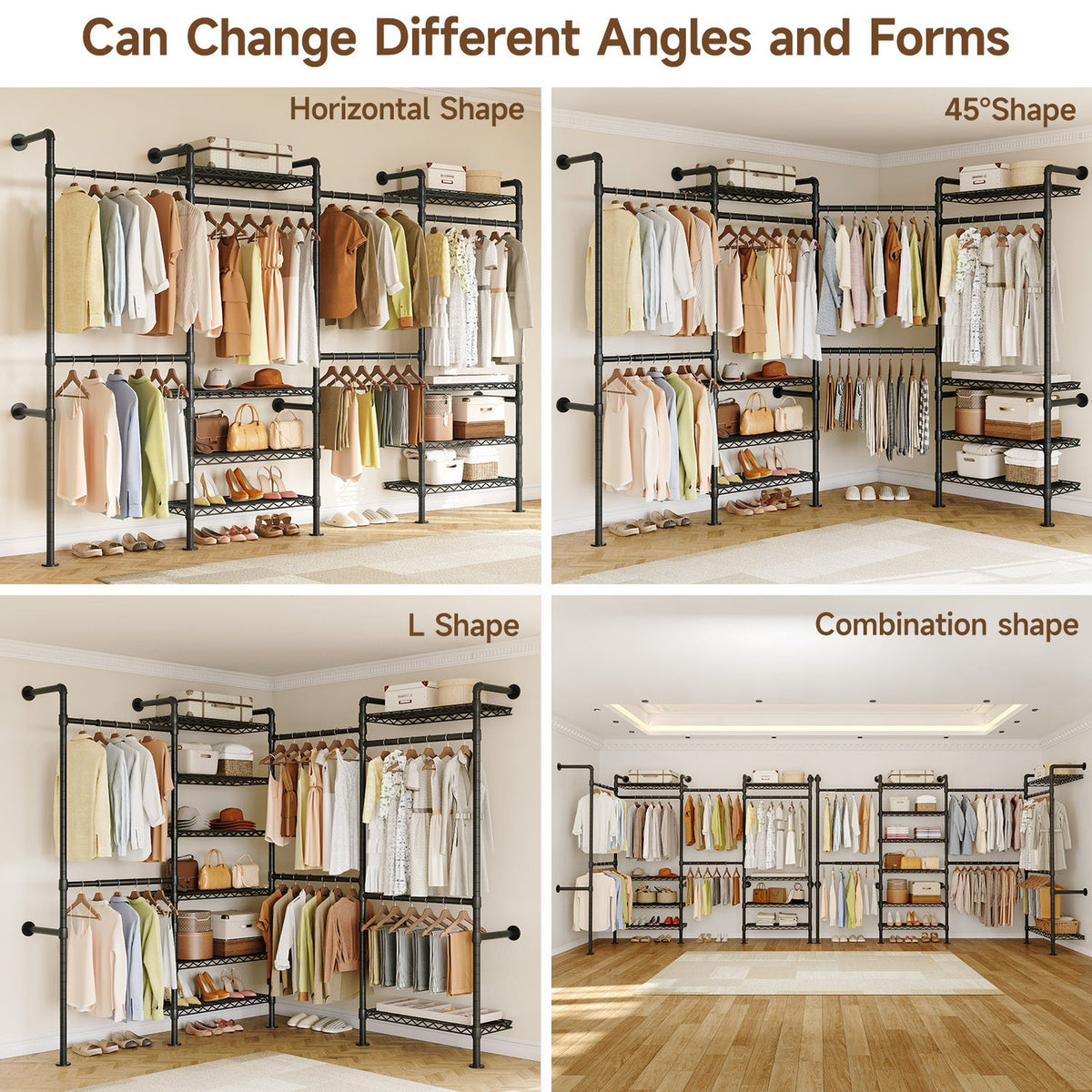Wall Mounted Closet System with 4 Rods and 8 Shelves
