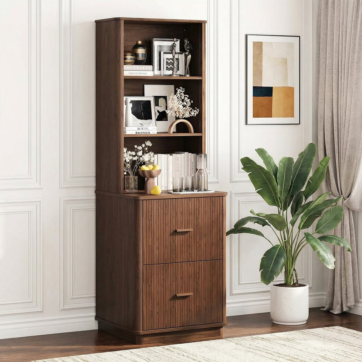 71 in Tall Fluted Bookcase with File Drawers