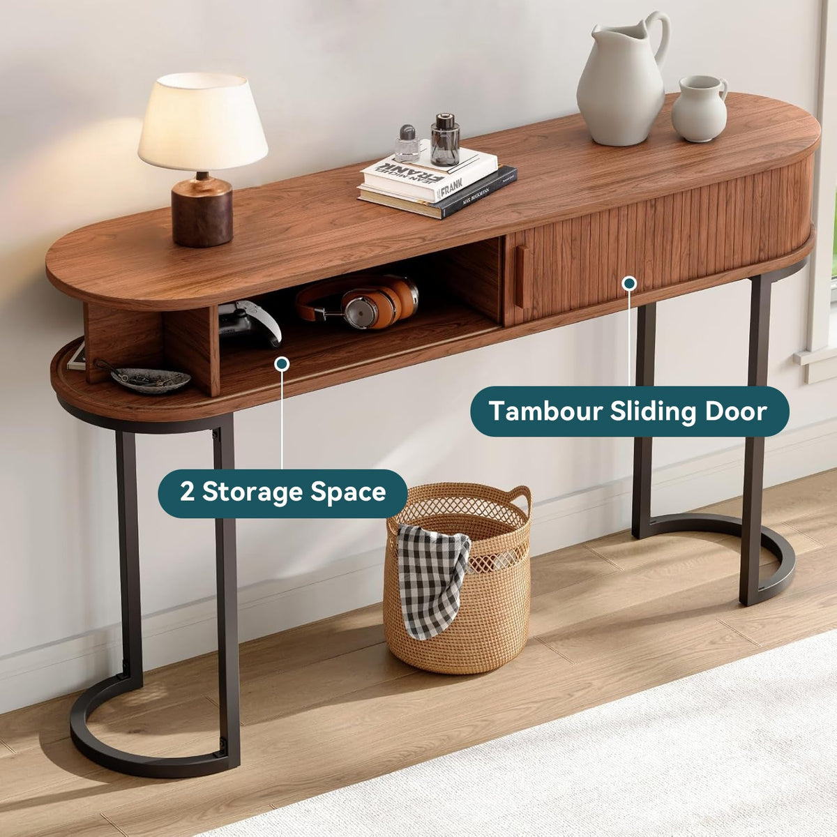 55-Inch Fluted Console Table with Sliding Tambour Doors