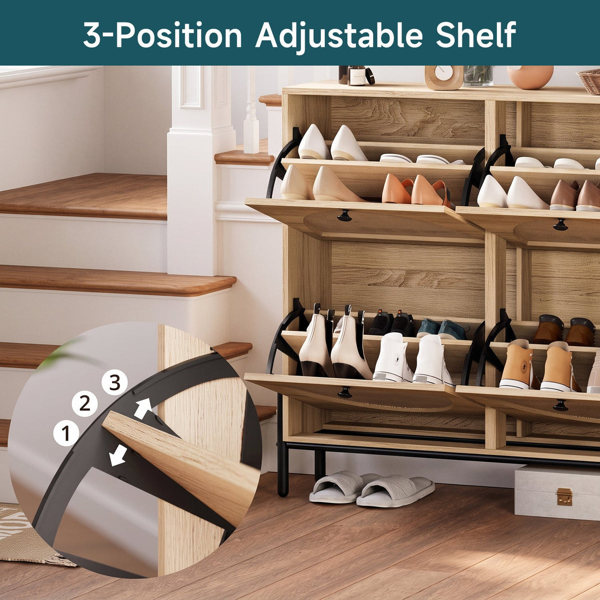 Shoe Storage Cabinet with 4 Rattan Flip Drawers