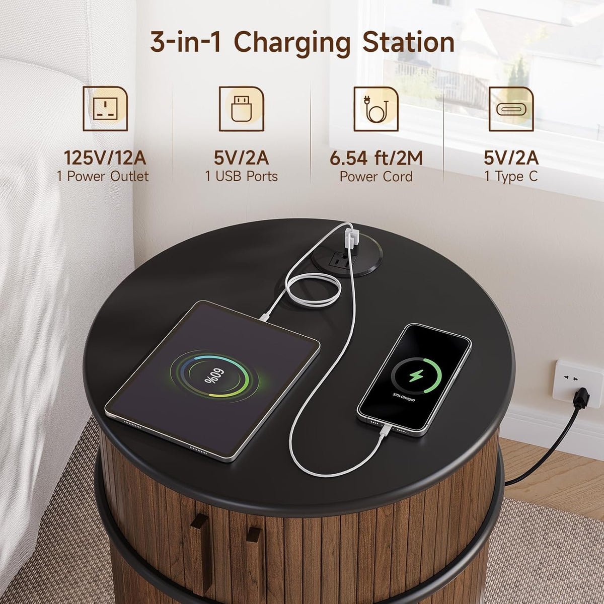 Round End Table Nightstand with Charging Station