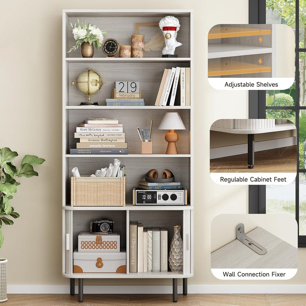 71 Inch 4-Tier Tall Bookcase with Sliding Door Cabinet