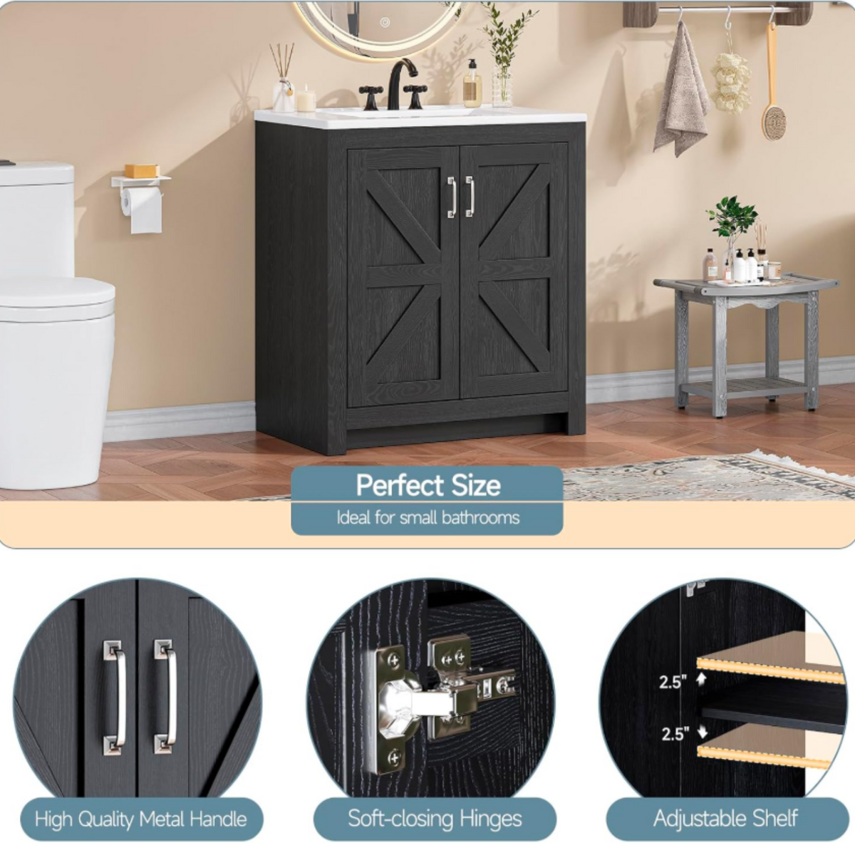 30-Inch Farmhouse Bathroom Vanity with Sink, Soft-Close