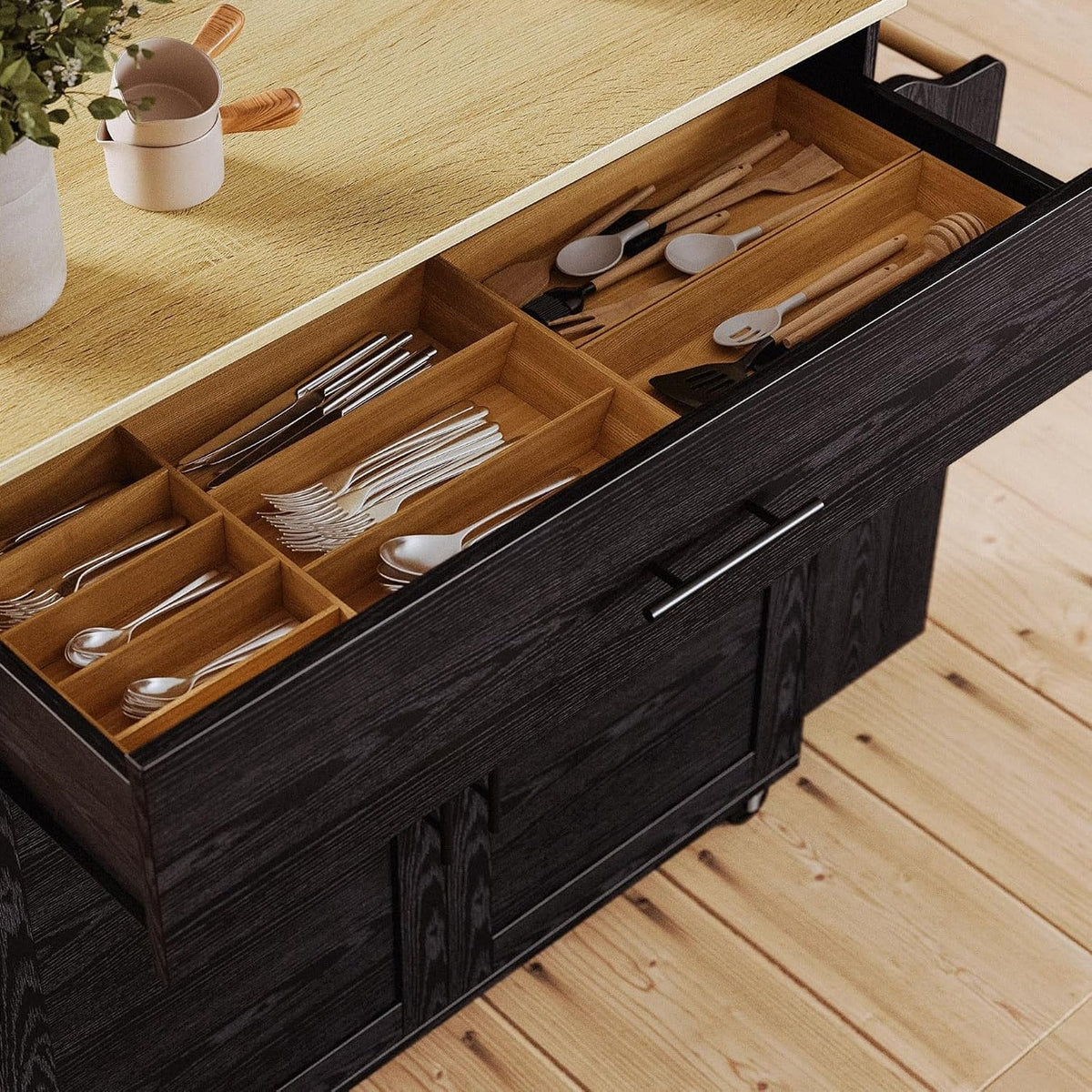 Rolling Kitchen Island with Drop Leaf and Outlet