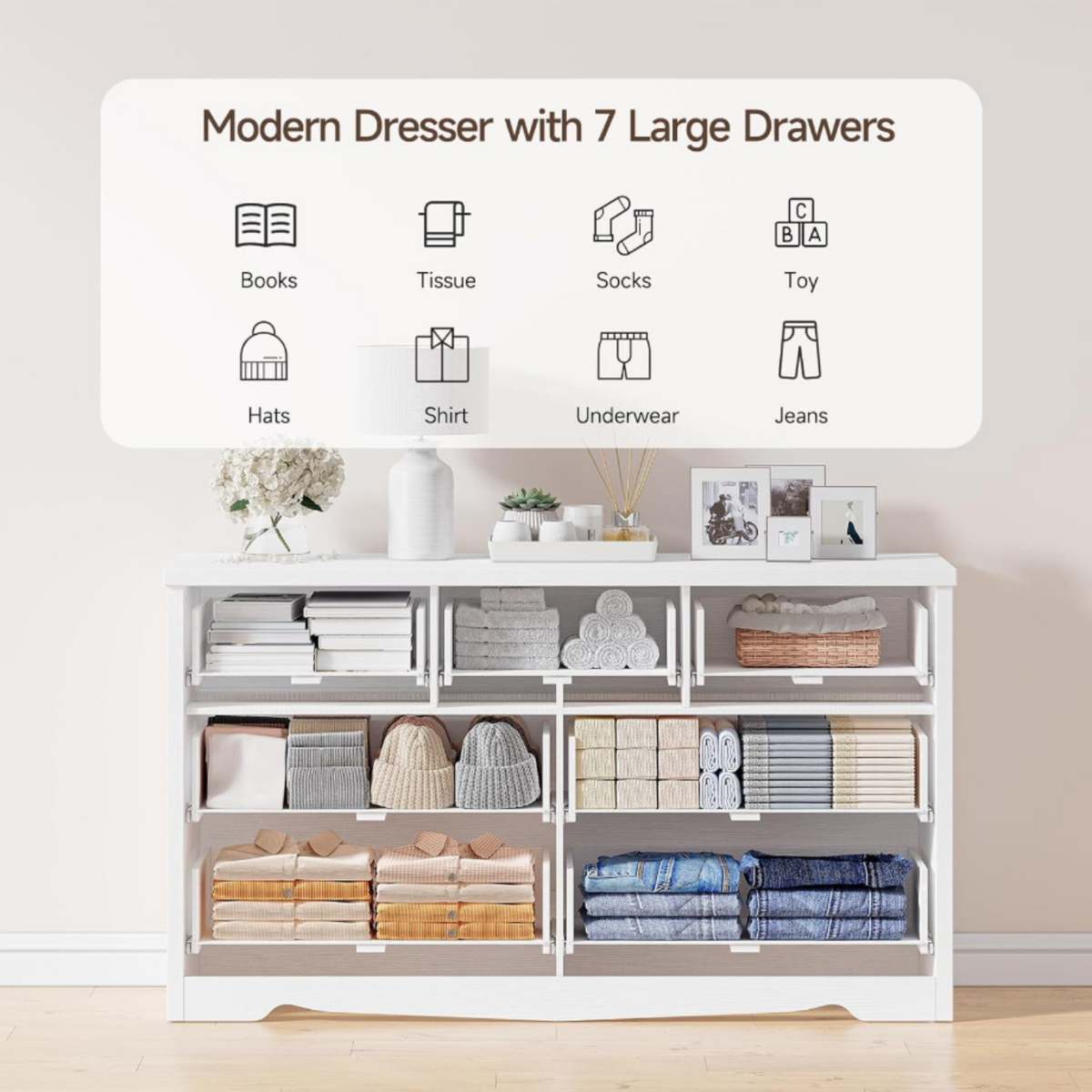 55 Inch 7 Drawer Dresser with Metal Handles