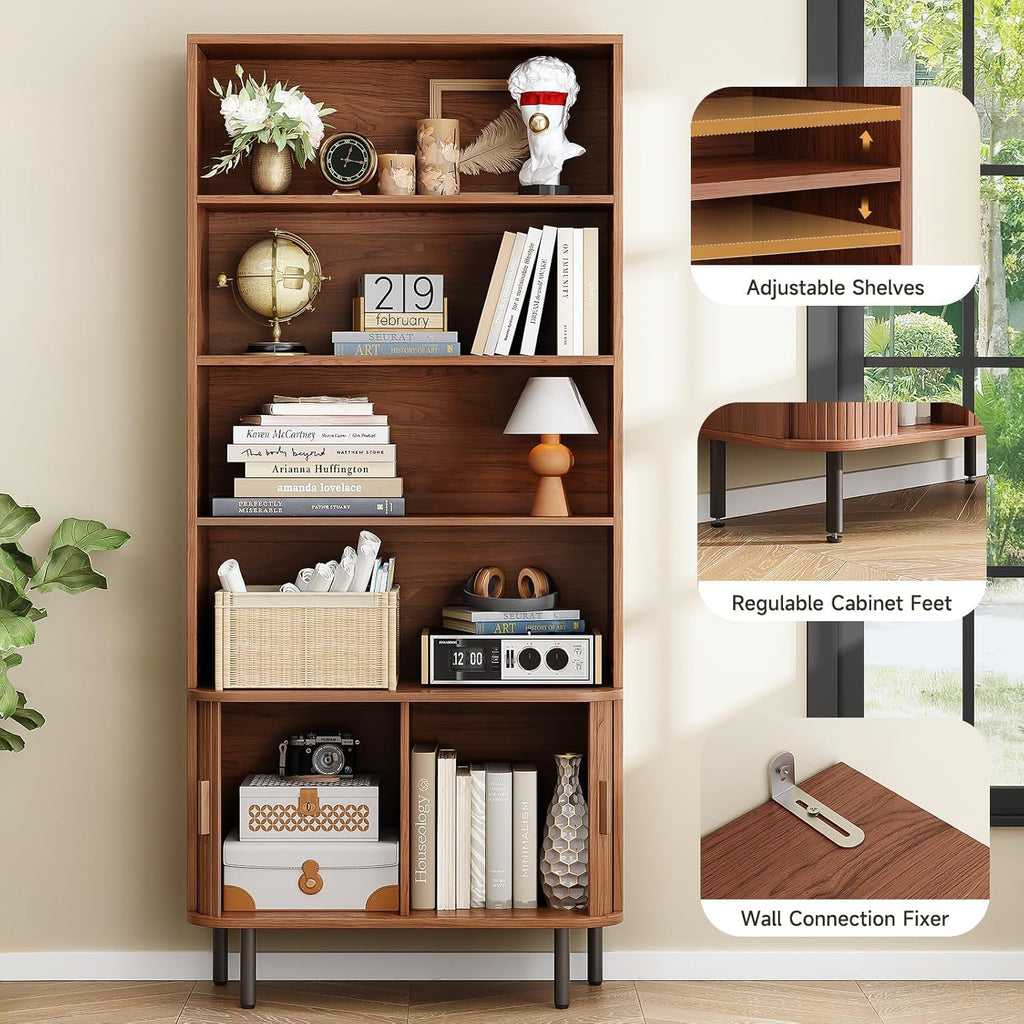 71 Inch 4-Tier Tall Bookcase with Sliding Door Cabinet