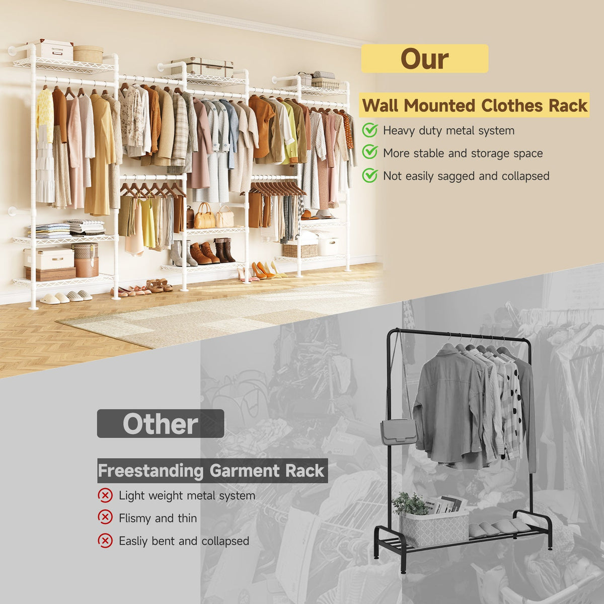 Wall Mounted Closet System with 4 Rods and 9 Shelves