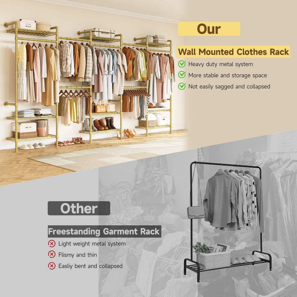 Wall Mounted Closet System with 4 Rods and 9 Shelves
