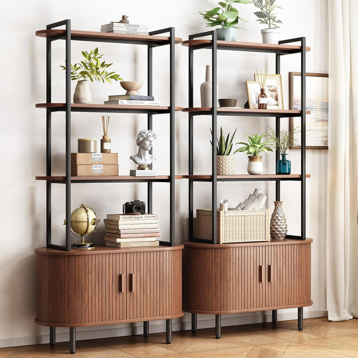 71" Modern 4-Tier Bookshelf with Sliding Door