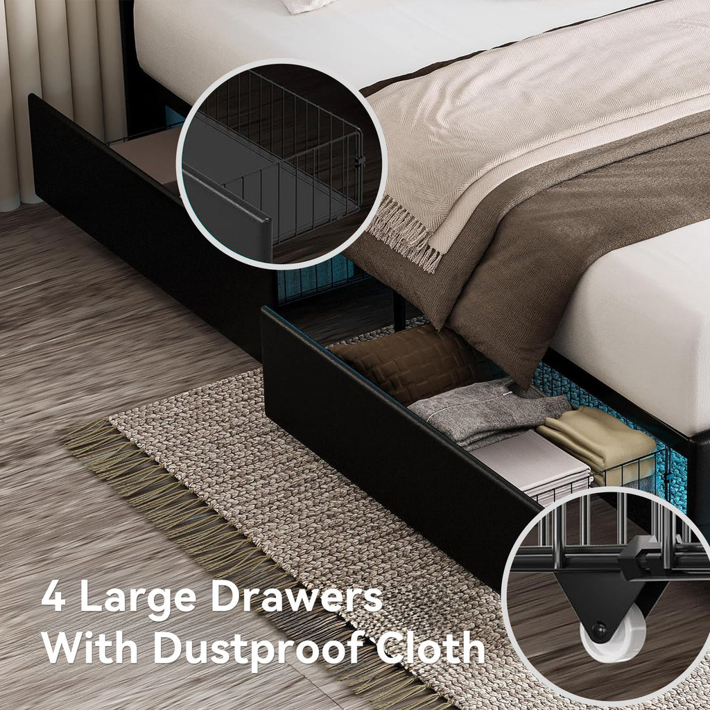 PU Leather Platform Bed with LED Light and 4 Drawers