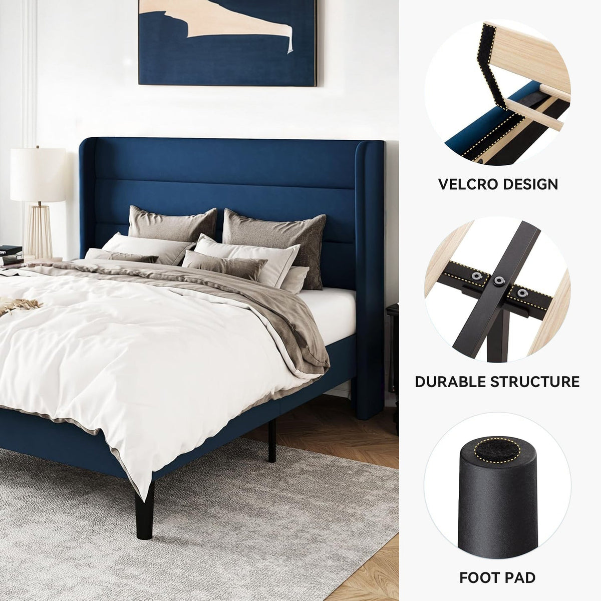Velvet Platform Bed with Tufted Wingback and Storage