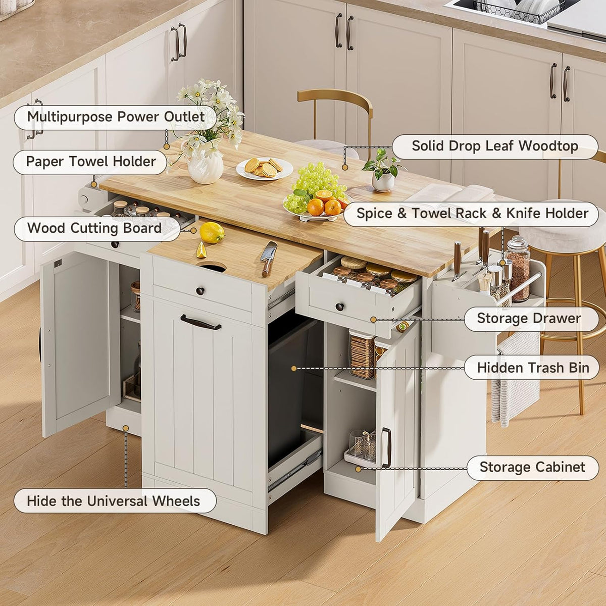 61 Inch Rolling Kitchen Island with Cutting Board