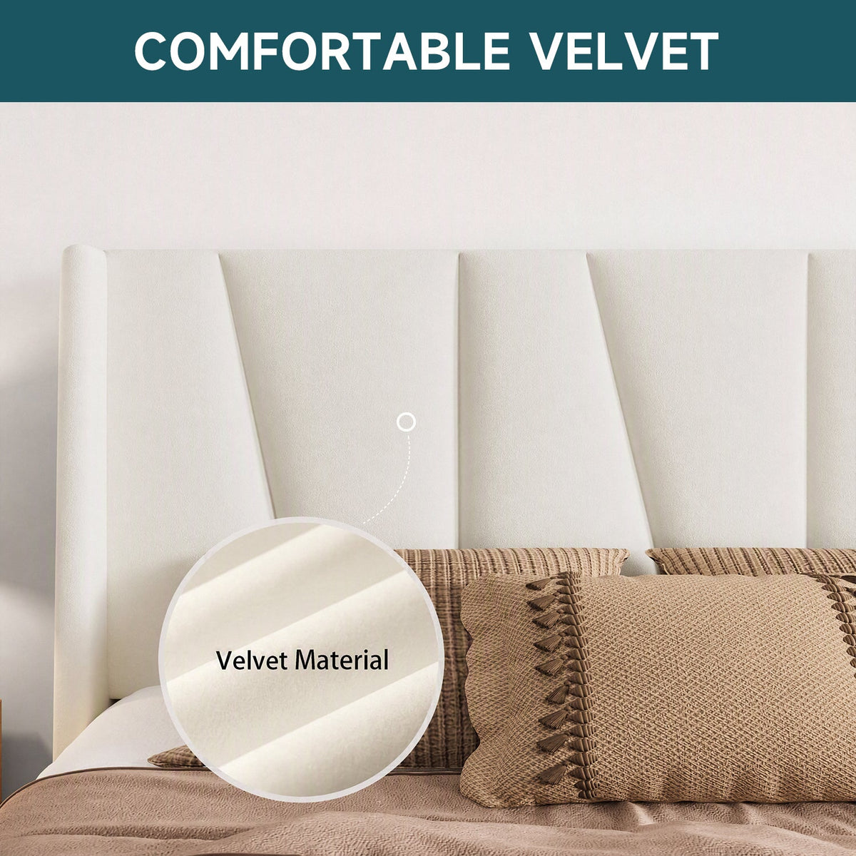 Velvet Platform Bed with Geometric Wingback Headboard