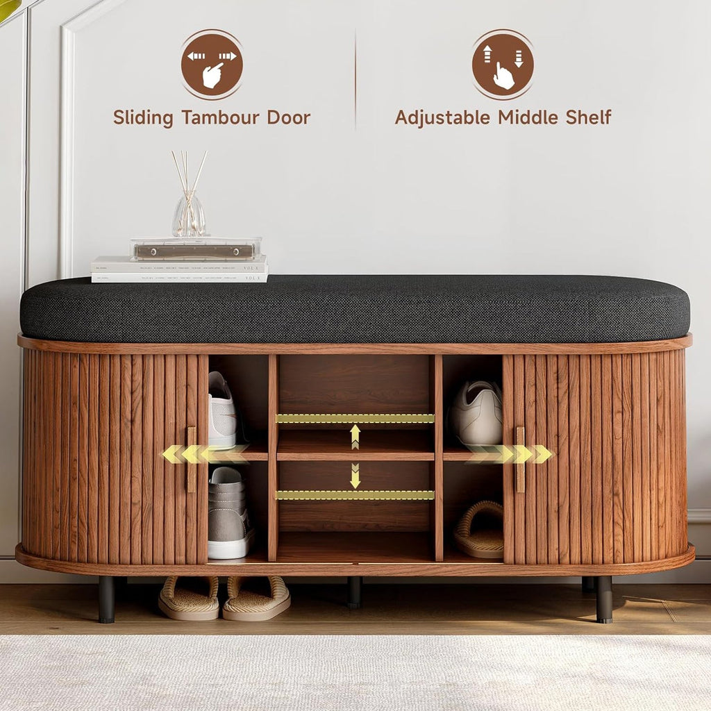 43-Inch Shoe Storage Bench with Cushion and Sliding Door