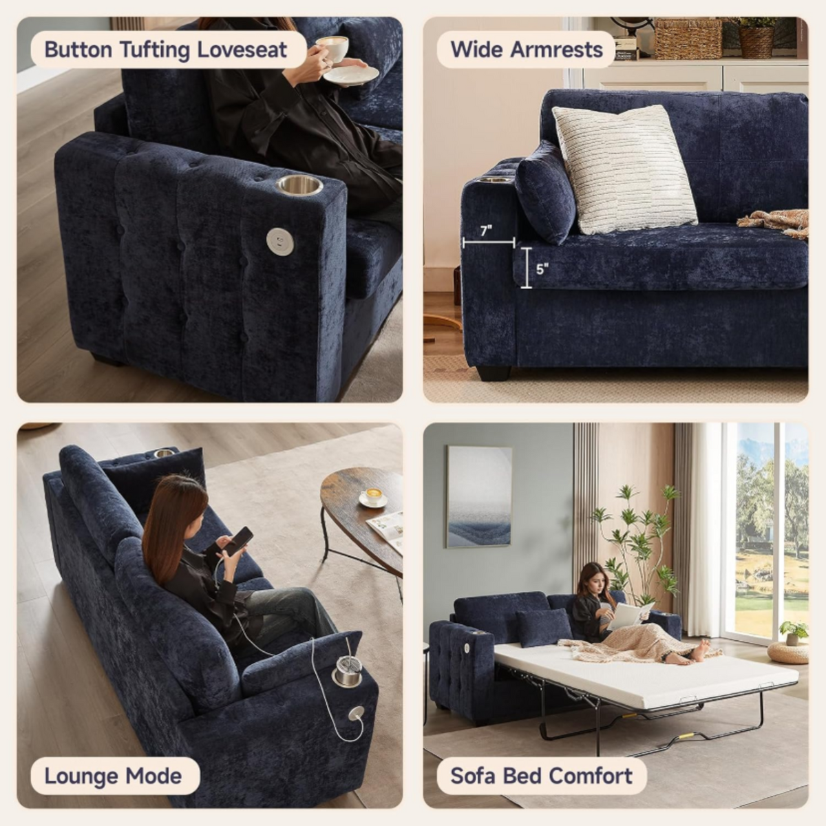 76-Inch Full Size Pull-Out Sofa Bed with USB Port