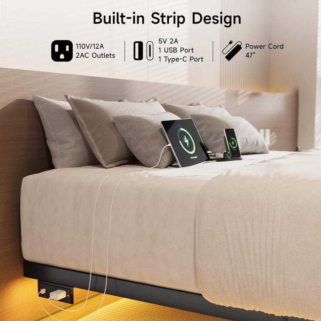 Floating Metal Platform Bed Frame with LED Lights