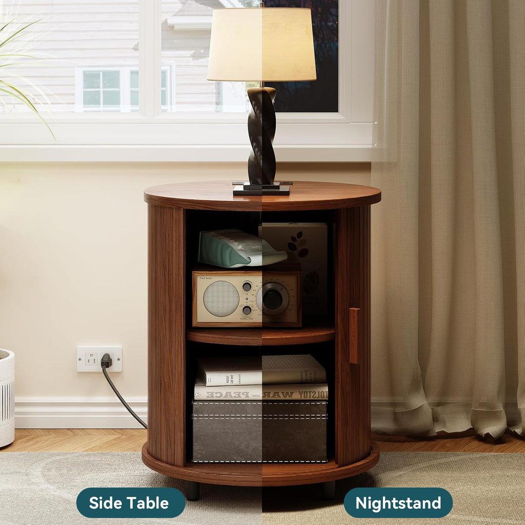 Round Nightstand Side Table with Sliding Tambour Door
