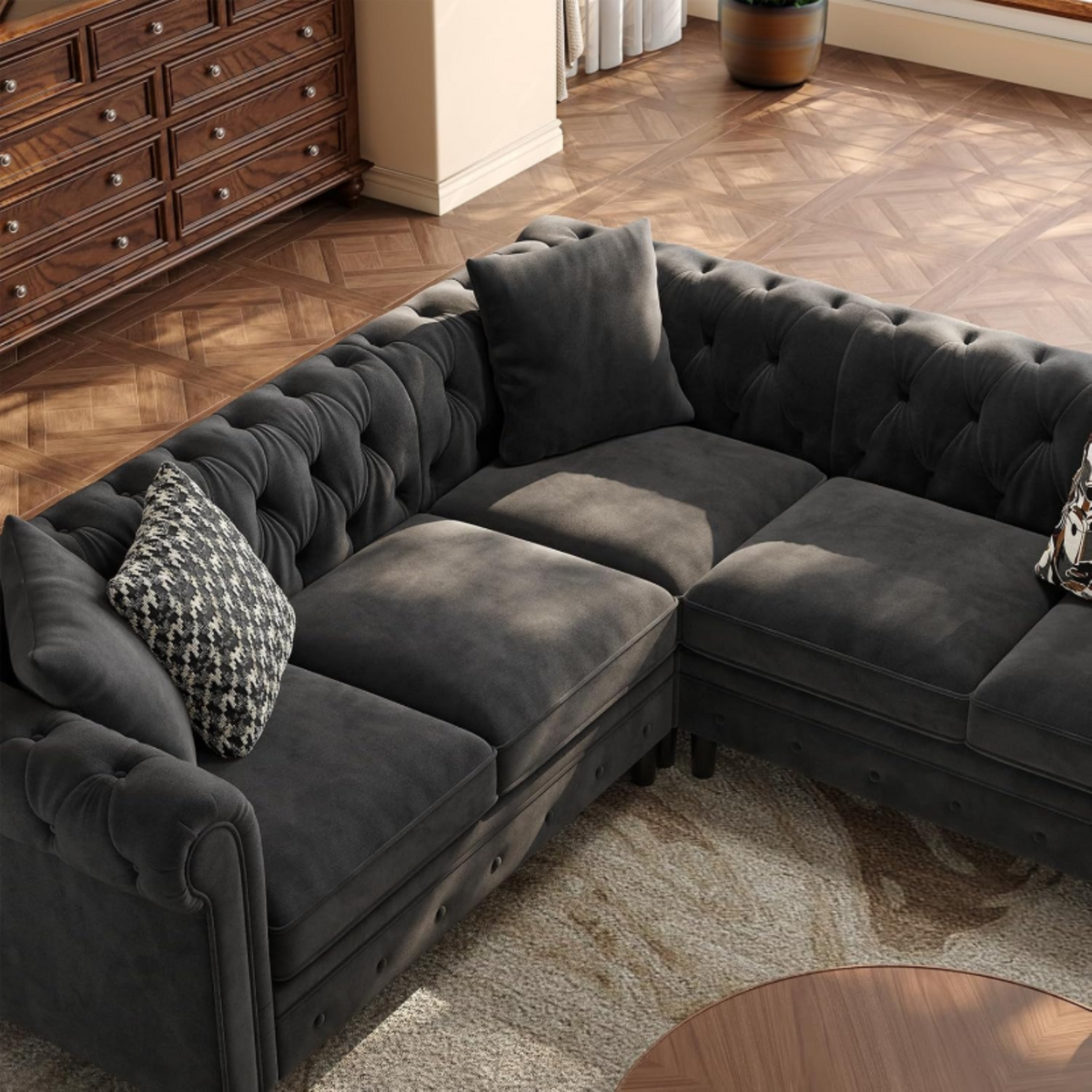 Velvet Chesterfield L-Shaped Sectional, 5 Seater